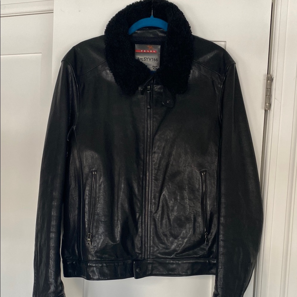 Prada Black Bomber Jacket with Leather Material and Slim Fit